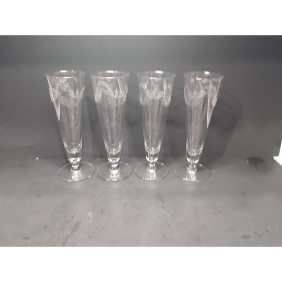 Chintz Etched Pilsner‎ Glasses Set of 4, 10 oz Footed Glasses, Vintage Glassware - Picture 4 of 10